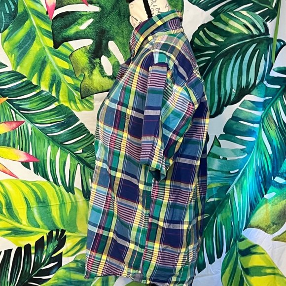 Lands’ End Mens M Green Blue Preppy Outdoor Spring Summer Vacation Plaid Shirt - Picture 4 of 11